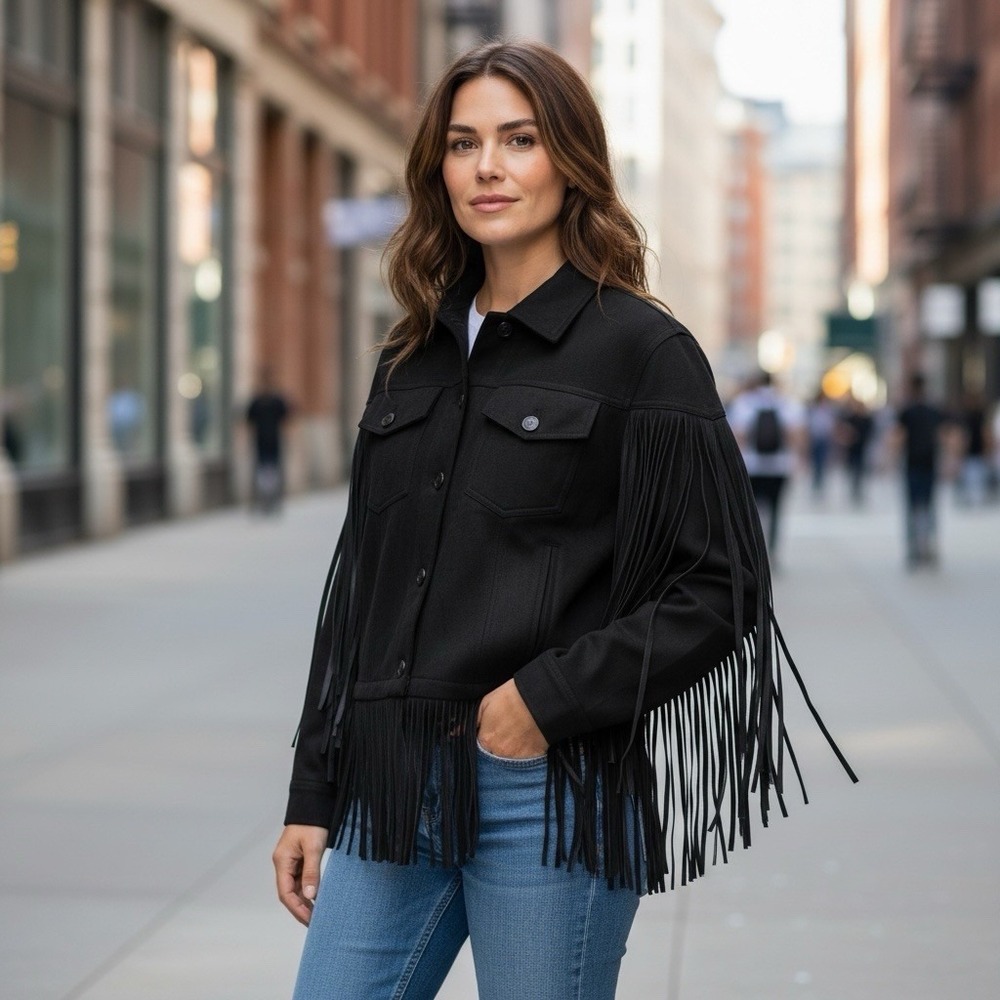Juicy Couture Fringe Faux Leather Trucker Jacket Black Womens XS NWT Y2K